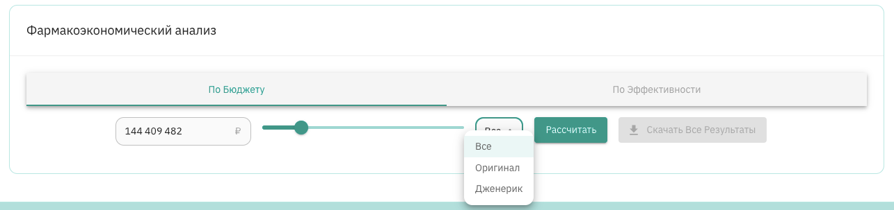 Рисунок 16. Выбор типа лекарственных средств при расчете бюджета в целом